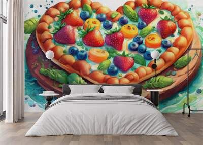  oil painting style CARTOON illustration Heart shaped Farmhouse Pizza on a wooden plate. isolated on color background  Wall mural