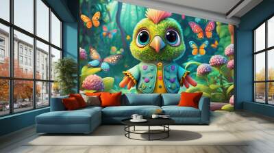 Baby parrot, adorable big eyes, in a garden with butterflies Wall mural