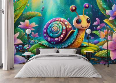 oil painting style Cartoon character cute Adorable Snail on Green Leaf,  Wall mural