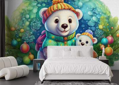 oil painting style CARTOON CHARACTER CUTE BABY Polar bear with her cub isolated on white background, top view Wall mural