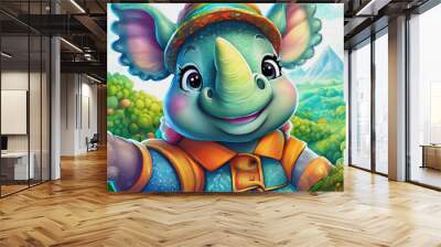 oil painting style cartoon character cute baby rhinoceros takes a selfie isolated on white background, top view,  Wall mural