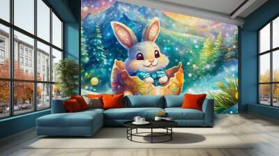 oil painting style cartoon character illustration  Adorable white bunny with ears sticking out from a broken eggshell  Wall mural