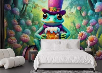 OIL PAINTING STYLE CARTOON CHARACTER multicolored a frog with a top hat sits on a barrel and drinks beer, Wall mural