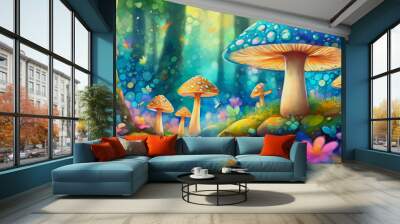 oil painting style cartoon illustration Mushroom in the forest green garden blur forest background Wall mural