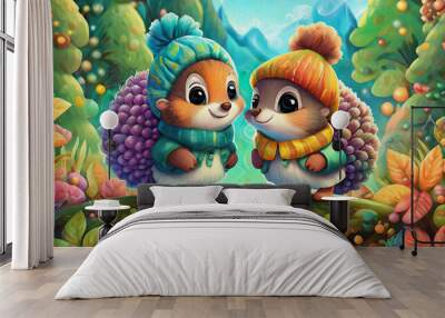 oil painting style CHARACTER CUTE BABY two hedgehogs are walking in the forest Wall mural