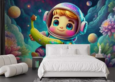 oil painting style Cute banana with astronaut suit floating in space colors turquoise violet and Pink Wall mural