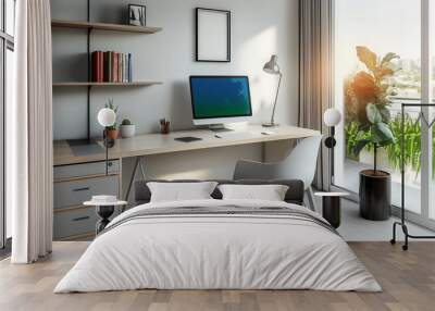 A modern, minimalist home office setup with ergonomic furniture and digital tools. Large windows fill the space with natural light, offering a serene view of a lush garden outside. Wall mural