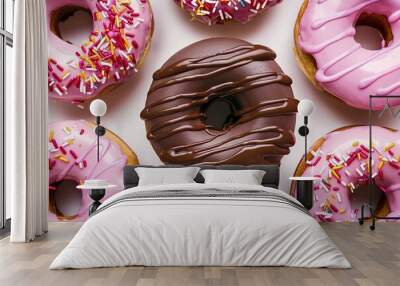 A delectable top view of assorted donuts, artfully arranged on a pristine white background Wall mural