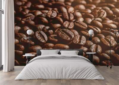 A high-resolution close-up photograph of freshly roasted coffee beans Wall mural