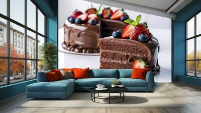 A mouthwatering, high-resolution photograph of a delectable slice of chocolate cake Wall mural