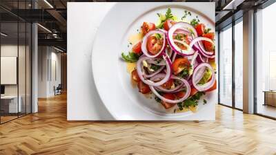 a salad consisting of thinly sliced red sweet onions and diced tomatoes Wall mural