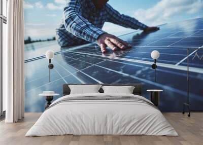 A person, technician, worker, touching a solar panel. Renewables. Solar panels Wall mural