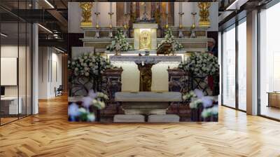 front view of an altar of a catholic church decorated for a wedding Wall mural