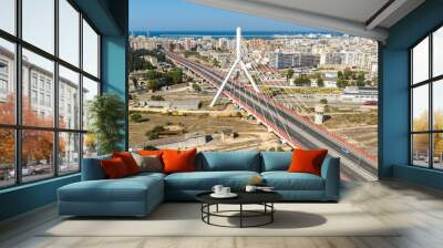 Aerial view of the Adriatic bridge in Bari, Puglia, Italy. It is a cable-stayed bridge that connects the city by passing over the railway. In the background is the Mediterranean Sea. Wall mural