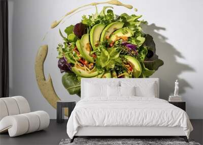 top view of a vibrant green vegan salad, artfully arranged on a white background Wall mural