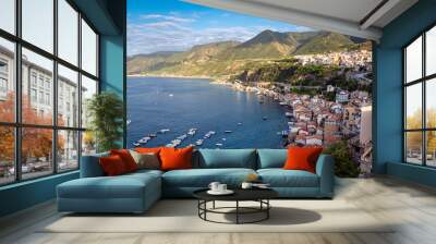 The beach of Scilla, where Calabria and Sicily Region are nearest (names Stretto di Messina). Southern Italy, Mediterranean Sea. Color image. Wall mural