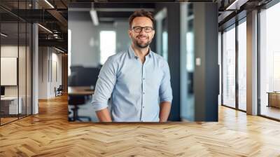 business man with shirt stands casually in modern glass office and smiles at camera - theme success, ERP, business or boss - Generative AI Wall mural