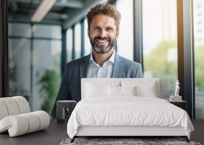 Business man with suit and tablet PC in modern office, smiling at camera - theme business, digital, vision, future - Generative AI Wall mural