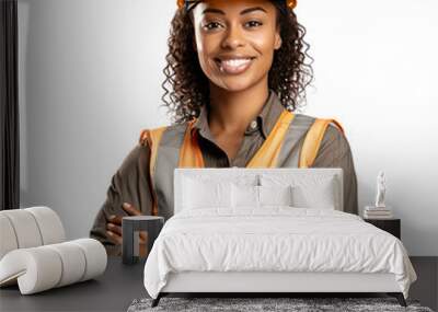 A portrait photo of a black female construction worker, isolated on white background Wall mural