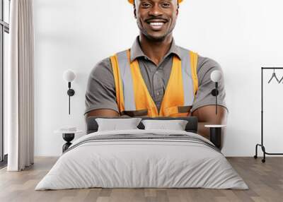 A portrait photo of a black male construction worker, isolated on white background Wall mural