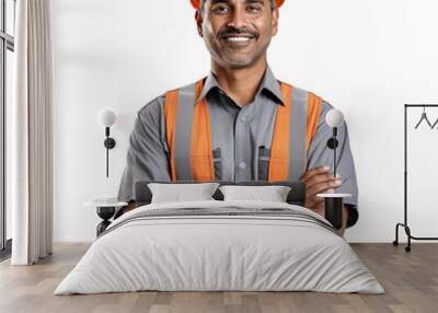 A portrait photo of a brown male construction worker, isolated on white background Wall mural