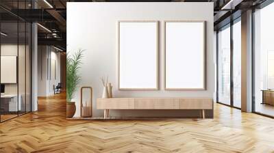 Empty white picture with wooden frame, picture mockup Wall mural