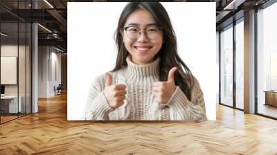 Portrait of asian female software developer, giving a thumbs up and smiling happily, waist up photo, isolated on white Wall mural