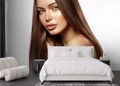 Portrait of model girl with long straight shiny brown smooth healthy hair, skin natural beauty smooth skin for care and hair products, full view, 32k uhd, isolated on white Wall mural