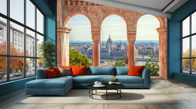 Hungary. Budapest. Parliament view through Fishermans Bastion. Wall mural