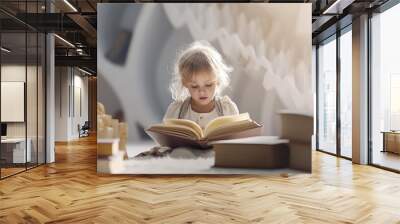 Smart child reading a book in the library. Close-up of a reading child. Wall mural