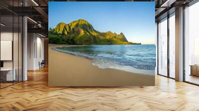 Aerial panoramic image of early morning light just catching the mountains. Tunnels beach on Hawaiian island of Kauai Wall mural