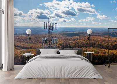 Aerial view of mobile phone cell tower over forested rural area of West Virginia to illustrate lack of broadband internet service Wall mural