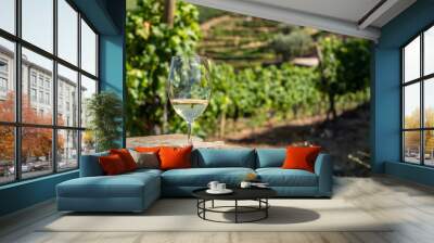 Glass of white wine for tasting above the hillsides of the Douro valley in Portugal Wall mural