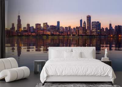 Sunset over city skyline Chicago from Observatory Wall mural