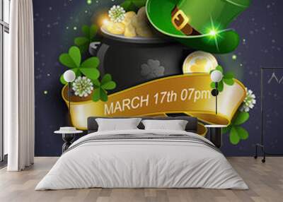 St. Patrick's Day Traditions and Symbols party flyer, brochure, invitations template. Leprechaun hat, shamrock, pot with gold coins on black background. Vector illustration. Wall mural