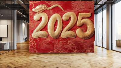 2025 Chinese New Year, year of the Snake. Chinese zodiac, red background Wall mural