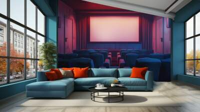 A movie theater with a red and blue screen and blue chairs Wall mural