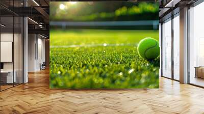 A tennis ball is sitting on the grass of a tennis court Wall mural