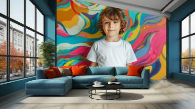 A young boy is smiling and wearing a white shirt Wall mural