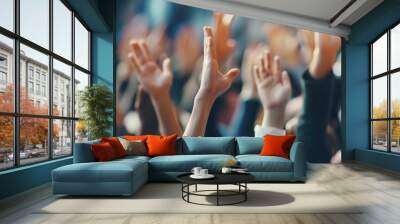 lot of business people hands raised up Wall mural