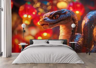 Statue of a snake and Chinese lanterns. Celebration of the Chinese New Year, 2025 year of the Snake Wall mural