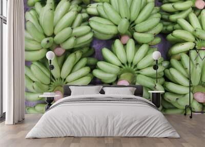 A lots of green lady finger bananas on floor after the harvest. Fresh sweet bananas from agriculture farm are taken to the market for sale. Wall mural