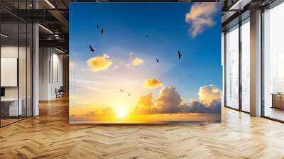 abstract beautiful peaceful summer sky background sunrise new day and flying flock of birds generative ai Wall mural