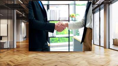 Businessman and businesswoman shaking hands in the office, business handshake agreement partnership concept Wall mural