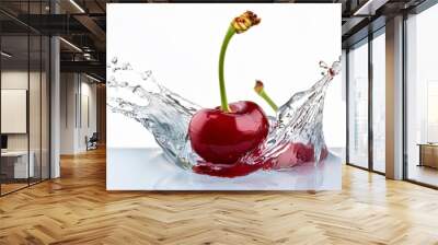 cherry in water splash isolated on white background close up of a cherry falling into a liquid red cherries and spectacular splashes on white fruity background Wall mural