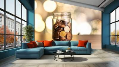 close up coins in glass jar for giving and donation concept Wall mural