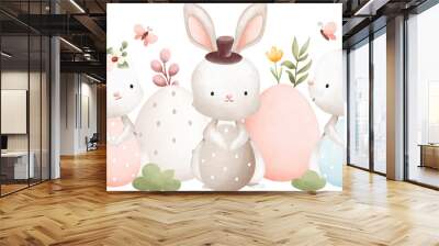 Easter Rabbit and Easter egg in the garden. Watercolor illustration Wall mural