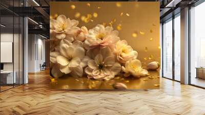 Elegant floral bouquet, soft flowers, romantic composition, with golden petals on golden background Wall mural