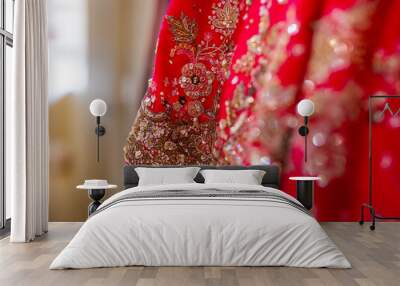 Indian Hindu bride's red wedding outfit textile, fabric and pattern Wall mural