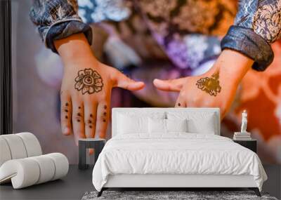 Indian Hindu bride's wedding henna mehendi mehndi hands close up Wall mural